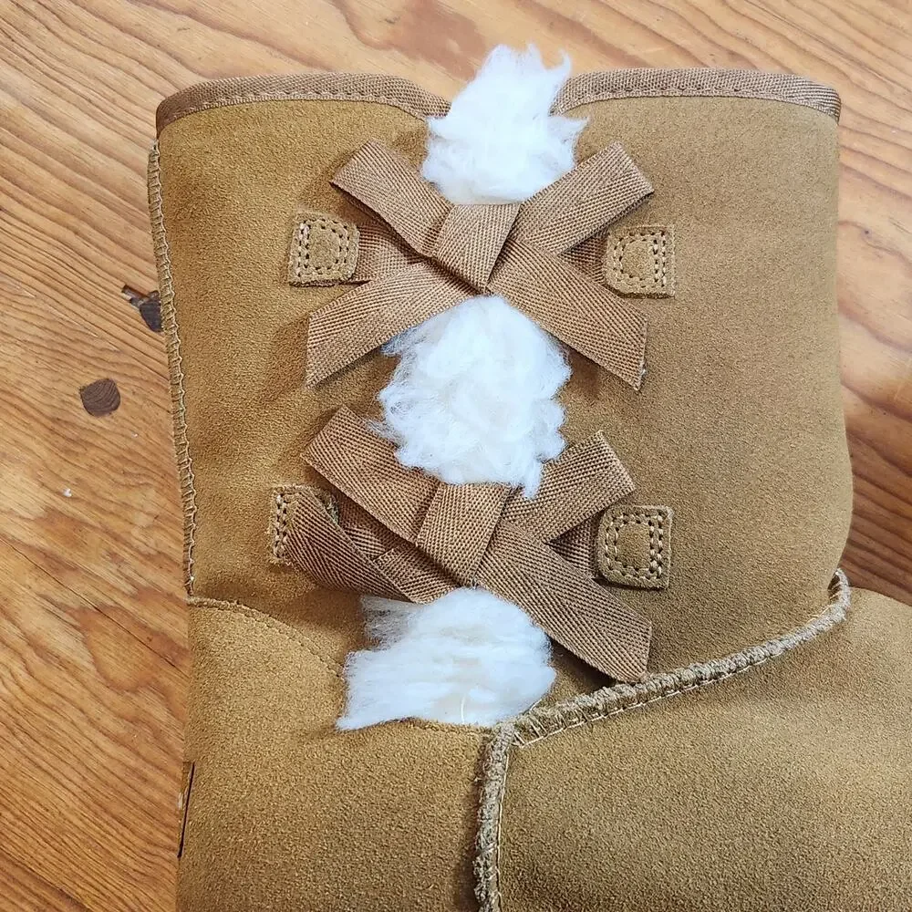 UGG Kookaburra Suede Boots Bows size 8 Tan Y2k Cozy Sherpa Fluffy Suede